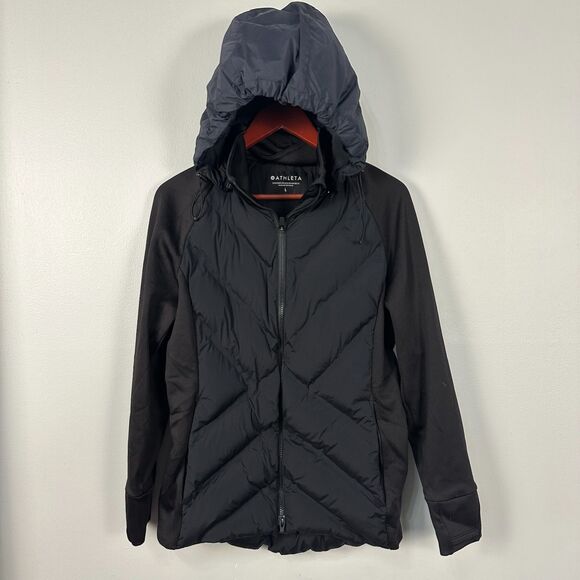 Athleta Womnes Inlet Goose Down Puffer Jacket Size Large Black Hood Warm Winter - Picture 1 of 4